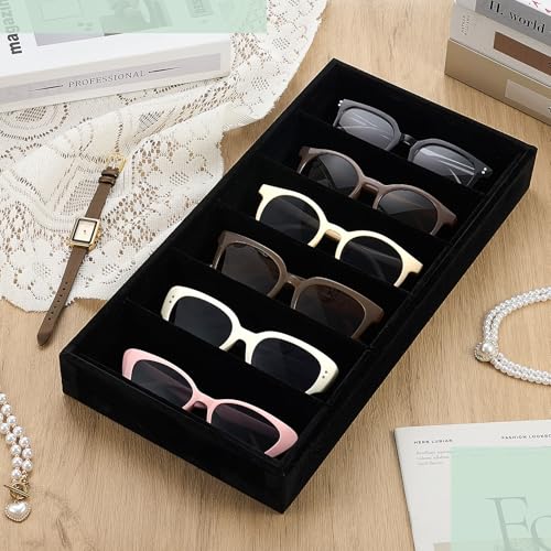 Juexica 4 Pcs Velvet Sunglasses Organizer Tray 6 Grid Sunglass Organizer Velvet Tray Stackable Glasses Display Case for Women Glasses Jewelry Display Watch (Black) - color: Black