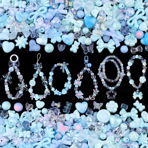 200-260PCS TINKRSTUFF Assorted Acrylic Beads Blue Cute Beads for Bracelet Making, Bow Flower Butterfly GummyBear Kawaii Charms, Aesthetic Bead for Necklace Keychain Jewelry Making DIY Phone Charm - color: Blue
