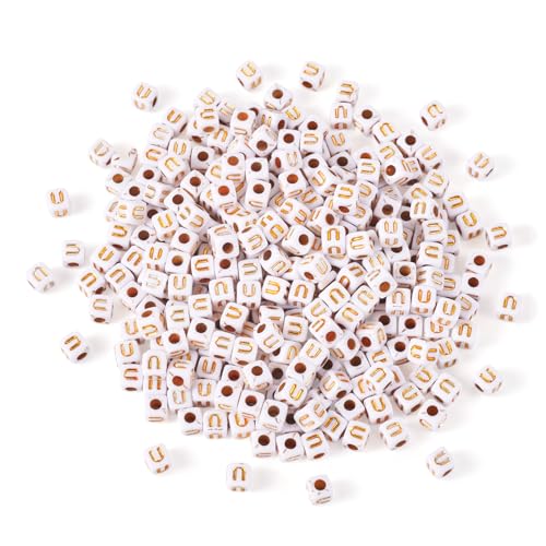 FASHEWELRY 500Pcs White Golden Letter Beads 4.5mm Square Alphabet Beads Acrylic Cube Letter U Beads for Friendship Bracelet Necklace Keychains Jewelry Making - color: Letter U