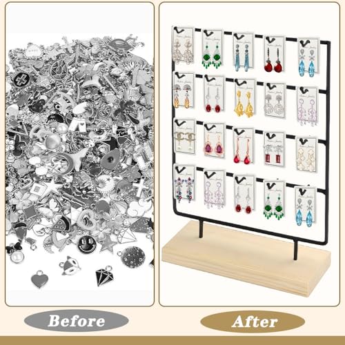 Earring Display Stand for Selling, Wood Earring Rack Display Holder Stand, 4 Tier 20 Hooks Jewelry Display for Selling with 40pcs Earring Cards, Bracelets, Rings, Necklaces - color: Black