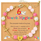 Birthday Number Cross Bracelet for Girls Ages 1-8, Strawberry Quartz & Pearl Beaded Bracelet with Gold-tone Cross & Heart Number, Adjustable Clasp Bracelet, Silver Gift Box - style: 6TH