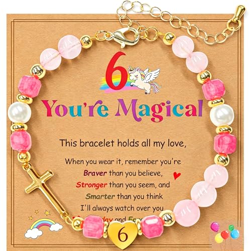 Birthday Number Cross Bracelet for Girls Ages 1-8, Strawberry Quartz & Pearl Beaded Bracelet with Gold-tone Cross & Heart Number, Adjustable Clasp Bracelet, Silver Gift Box - style: 6TH