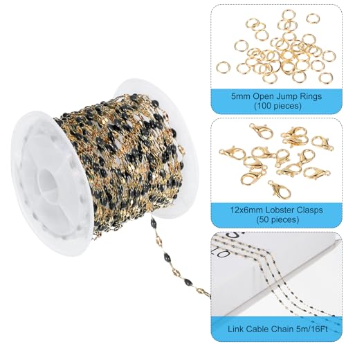 PATIKIL Stainless Steel Jewelry Chain, 16Ft 2mm Black Enamel Link Cable Chains for Necklace Earring Bracelet Findings Jewelry Making Trucker Hat Chains, Gold/Black - color: Gold/Black