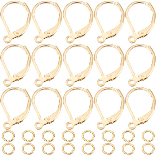 Beebeecraft 1 Box 20Pcs Leverback Earring Findings 18K Gold Plated French Earring Hooks 15.6x10mm Ear Wire Clip Earring Connector with 20Pcs Open Jump Rings for Jewelry Making - color: Gold Leverback Earring