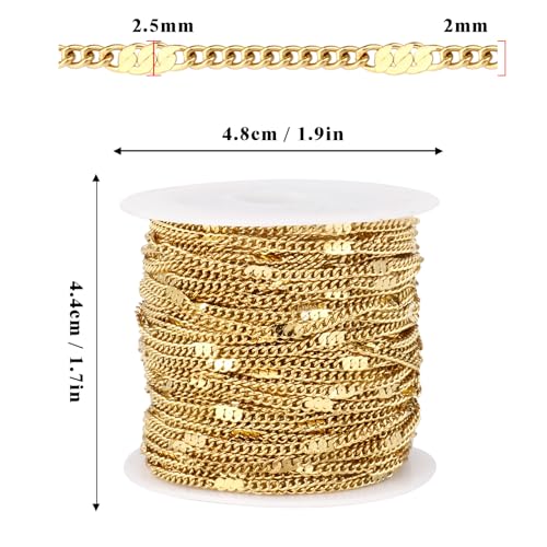 33FT 18K Gold Plated Curb Chains Bulk, 2mm Stainless Steel Flat Satellite Curb Link Chains Roll for Jewelry Making - color: Gold long embossed