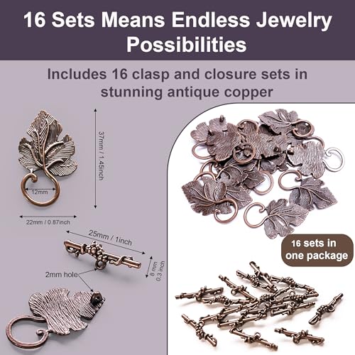 Heather's CF Toggle Jewelry Clasps – Durable Quality, Antique Grape Leaves Copper Finish Toggle Clasps & Closures for Necklace, Bracelet & Charms – Ideal for DIY, & Jewelry Making – Large (Set of 16) - color: Large copper toggle clasp