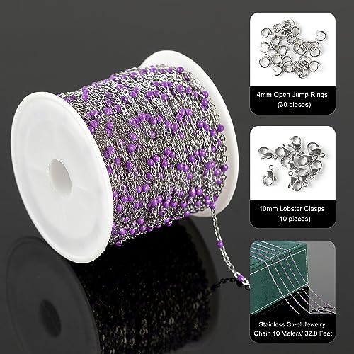 UMAOKANG 33ft Bead Chain for Jewelry Making Stainless Steel Cable Link Chain Spool Lavender Beaded Bracelet Chain with Open Jump Rings and Lobster Clasps - color: Lavender Bead-Steel