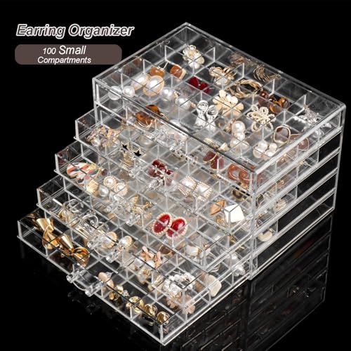 YUFONG Earring Holder Organizer Acrylic Earring Storage Box for Girls Women Jewelry Organizer Display Case with 100 Small Compartment (Clear, 5 Drawers)