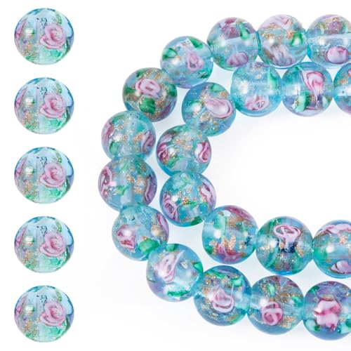 40Pcs 10mm Gold Sand Lampwork Beads Handmade Flower Glass Beads Cute Crystal Bead for Jewelry Making Bracelet Necklace Earrings Rosary Making (Pale Turquoise)