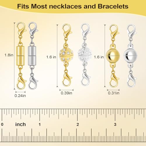 Magnetic Necklace Clasps and Closures with Lobster Clasp, Gold & Silver Magnetic Jewelry Clasps Helper for Necklace Extender, Bracelets and Jewelry - color: 3 Styles | 12Pcs_Diamond & Balls