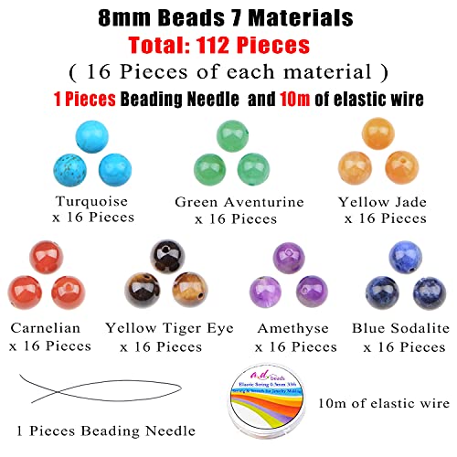 AD Beads 8mm Natural Loose Beads 112 Pieces for Making mala Necklace or Bracelet (7 Chakra Beads) - color: 7 Chakra Beads