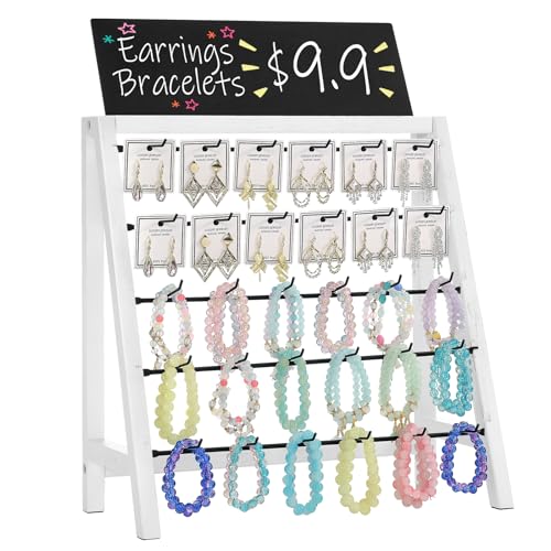 Poyilooo Jewelry Display Stand for Vendors, 30 Hooks Wood Earring Display with Advertising Board, Large Capacity Earring Display Stands Rack for Earring Cards - color: Weathered White