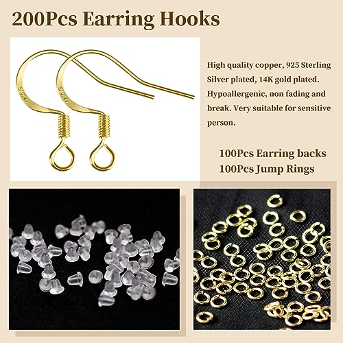 200 PCS/100 Pairs 14K Gold Tone Earring Hooks Hypoallergenic 925 Sterling Silver Plated Ear Wires Fish Hooks with 100 PCS Silicone Ear Backs and Jump Rings Earring Finding for DIY Jewelry Making - color: 14K Gold