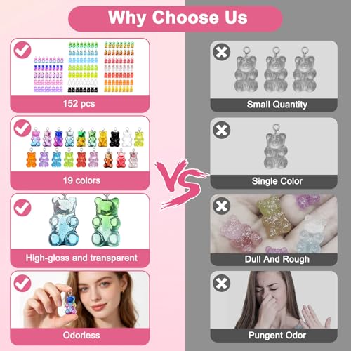Linkstyle 152PCS 3D Gummy Bear Charms, 19 Colors Gradient Bear Earring Bracelet Nacklace Pendants, Resin Beads Shaped Clay Pendants for DIY Jewelry Making Keychains Crafting Gifts