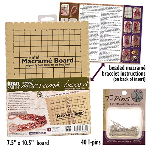 The Beadsmith Mini Macrame Combo - Bead Board 7.5 x 10.5 inches - Box of 40 T-pins 1.75 inches - Bracelet Project & Instructions Included - Ideal for securing & creating Macrame and Knotting Creations - size: 7.5" x 10" Board & 40 Pins