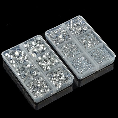 10000Pcs 2-Boxes Mixed Size Hot Fix Round Crystals Gems Glass Stones Hotfix Flat Back Rhinestones with Tweezers and Picking Pencil (Clear Crystal) - color: Clear Crystal, size: 2-Box (10000pcs)