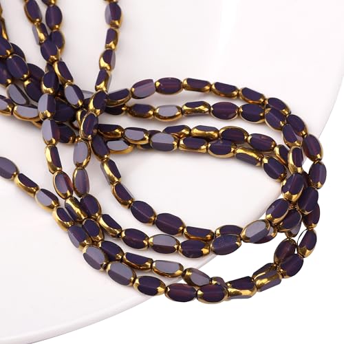 Glass Rice Beads Purple 4x6mm 50pcs Faceted Oval Golden Edge Crystal Loose Beads for DIY Craft Jewelry Making - color: Purple