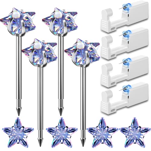 Nunpag 12 Pcs Ear Piercing Kit Disposable Ear Piercing Gun Kit with 4 Pcs 5 Prong Setting Cubic Zirconia Rainbow Star Earrings Stud 316L Stainless Steel Easy to Use Self Ear Piercer Gun Kit Silver - color: Silver-Rainbow-Star