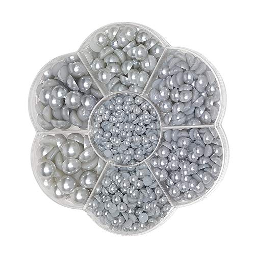 Chenkou Craft Around 1900pcs Light Grey Assorted 7 Sizes Half Pearl Bead Flat Back Gem Scrapbook Craft DIY Loose Beads + Plastic Box (Light-Grey) - color: Light-grey
