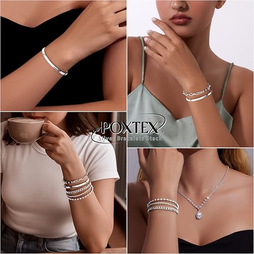 Gold Bracelets Set for Women Stack, Chunky Thick Bracelets Stack for Women Trendy, Simple Dainty Thin Gold Plated Cuff Stackable Bracelets With Beaded Cuban Paperclip Snake Rope Bangle Hand Chain Jewelry - style: Style 05-silver