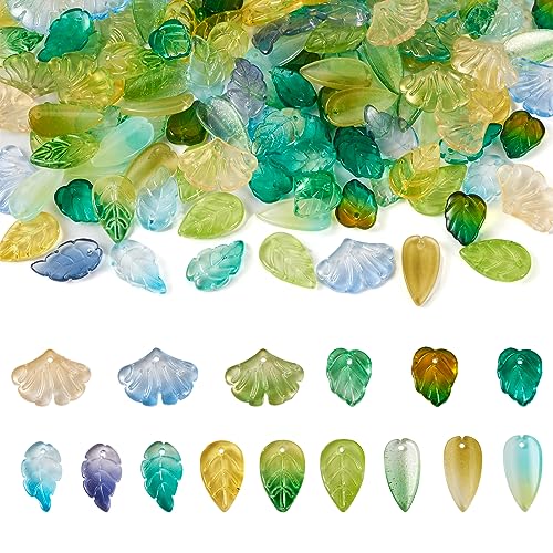 Beadthoven 150Pcs Leaf Beads 15 Styles Baking Paint Glass Pendants Transparent Green Leaf Beads Caps with Hole for Bracelet Earring Necklace Crafts Jewelry Making DIY Accessories - color: Leaf-15 Styles