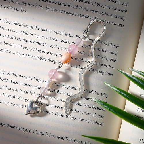 Vintage Metal Heart Pendant Bookmark with Natural Crystal Bead Chain–Elegant Bookmarks for Women,Men,Book Lovers,Teachers and Students(Rose Quartz) - style: Heart