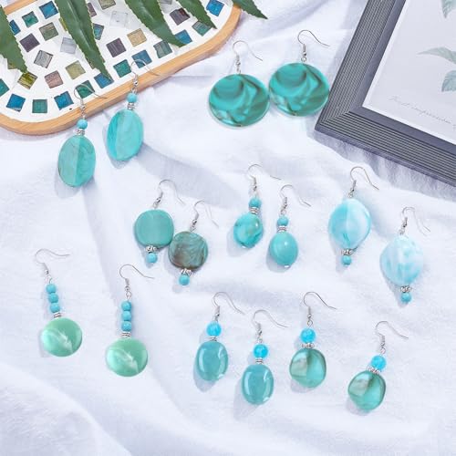 SUNNYCLUE 1 Box DIY 8 Pairs Acrylic Bead Drop Earrings Making Kits Flat Round Oval Rectangle Square Acrylic Beads & Synthetical Turquoise Beads & Earring Hooks for Beginner