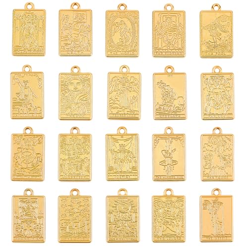 SUNNYCLUE 1 Box 40Pcs 20 Styles Metal Tarot Card Charms Divination Charms Bulk Gold Rectangle Magic Occult Astrology Alloy Gothic Pendants for Jewelry Making Halloween Necklace Bracelet Earrings DIY - color: Gold