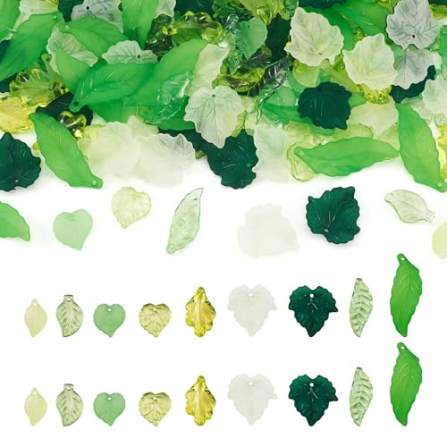 Beadthoven 270Pcs 9 Styles Leaf Acrylic Bead Caps Bulk Frosted Transparent Yellow Green Leaf Maple Leaves Charm Dangle Plant Beads for Jewelry Making DIY Spring Bracelets Necklace Earrings Crafting - color: Leaf Mixed 9 Styles