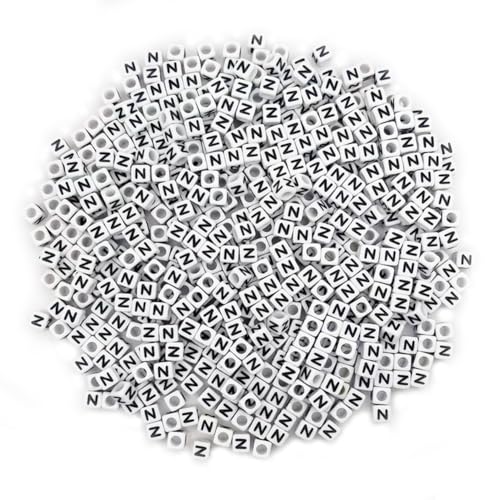 600PCS 6x6mm Square Acrylic Letter Beads N for Friendship Bracelets Jewelry Making, White Acrylic Cube Base with Black Alphabet Beads for DIY Crafts Bracelets Necklaces Key Chains Phone Lanyard - color: Letter N(Black on White)