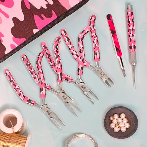 The Beadsmith Pink Camouflage Set – 6 Piece Kit: Pistol Grip Chain Nose, Round Nose, Flat Nose, Side Cutter Pliers w/Tweezers, Reamer and Zippered Pouch – 6 Inch Jewelry Making Tools