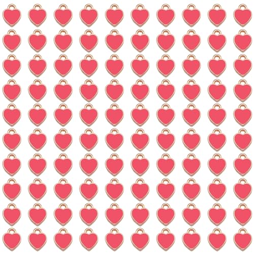 200 pcs Tiny Heart Enamel Charm Gold Plated Alloy Love Pendant Bracelet Earring Keychain Jewelry Crafts 6x8mm - color: Rose