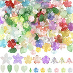 SUNNYCLUE 1 Box 500Pcs Acrylic Flower and Leaf Beads Assorted Floral Beads Kit Green Pink Small Cute Spring Cherry Lily Caps Blossom Spacer for Jewelry Making Bracelet Necklace Decor Adults