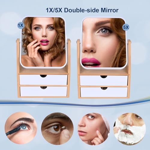 1x / 5X Magnifying Makeup Mirror, Jewelry and Cosmetics Storage Box with Double Drawers, Adjustable Natural Bamboo Stand, 360° rotatable Vertical Desktop Mirror (1, Rectangle)