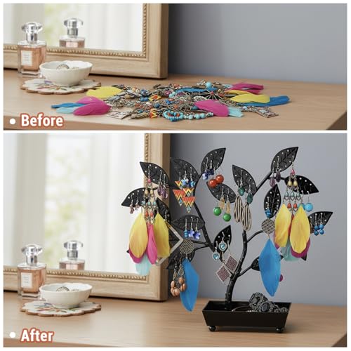 MyGift Jewelry Tree w/Bird Nest 48 pair Earrings Holder, Bracelets/Necklace Organizer Stand (Black Metal) - color: Black Metal