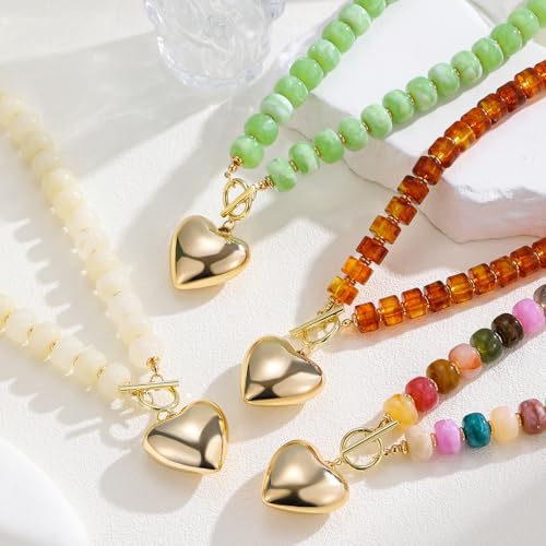 GZQ Chunky Gold Heart Necklace for Women, Resin Beaded Chain with Puff Heart Adjustable Clasp, Perfect for Daily Wear Party Date Streetwear Outfits Fashion Jewelry Gift - color: Grass Green