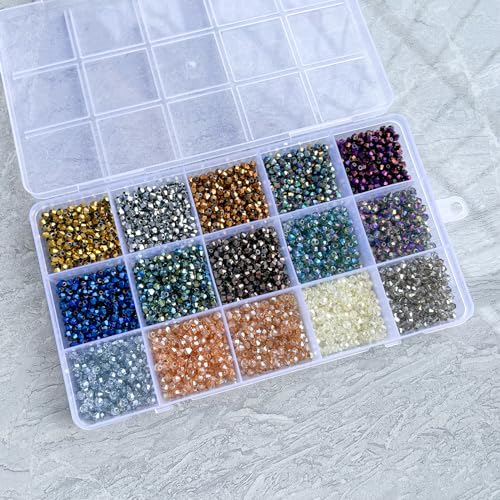 4500pcs 2mm Bicone Crystal Beads, Bulk Small Faceted Bicone Glass Beads for Jewelry Making DIY Craft Bracelet Necklace Earring with Container Box (15 Plated Metallic Colors) - size: 2mm