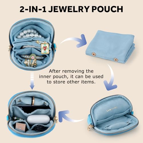 Velvet Travel Jewelry Pouch, 2-in-1 Clamshell Case with Detachable Insert, Portable Travel Jewelry Organizer with Wrist Strap, Converts to Mini Coin Purse, Gift for Women & Girls (Teal Blue) - color: Teal Blue