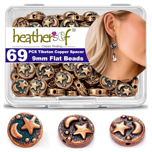 Tibetan Copper Spacer Beads 9mm Flat Round – 69pcs Metal Spacer Beads for Jewelry Making, Bracelets, Necklaces & Earrings DIY Supplies, Antique Silver Zinc Alloy - color: Copper Star and Moon