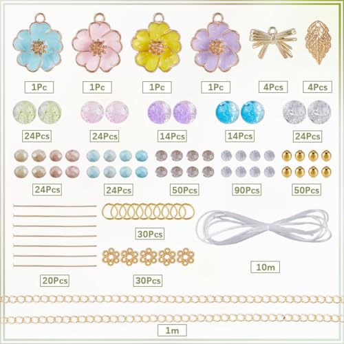 SUNNYCLUE 1 Box 430pcs DIY 4 Sets Flower Bracelet Making Kit Enamel Flower Charms Spring Light Gold Plated Violet Flowers Bowknot Leaf Electroplate Clear Ab Colors Bead for Jewelry Making Beginners - style: Flower