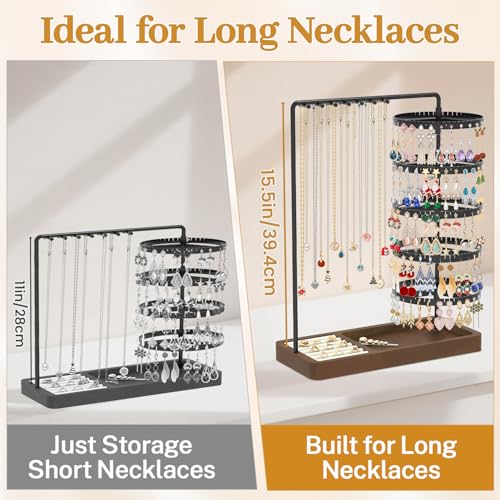 MODOWEY Earring Holder Organizer Jewelry Stand, 285 U-Slots Adjustable Rotating Earring Tree Rack, 14 Hooks Tall Necklace Display for Women, 5 Tier Compact Large Capacity Tower with Ring Tray, Black - color: Black-Brown
