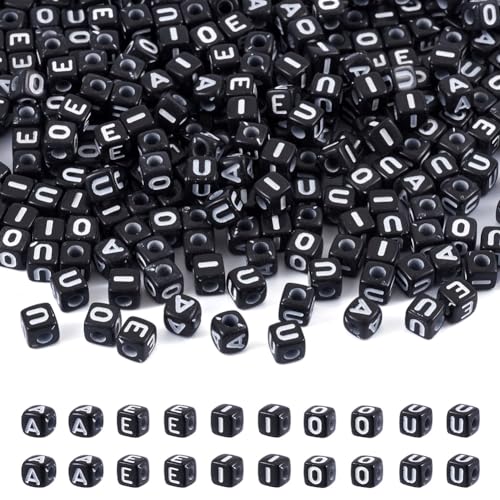 FASHEWELRY 500pc Acrylic Cube Vowel Letter Beads - 4.5mm Black Square Initial Alphabet Beads for Friendship Bracelets & Jewelry Making - color: 0-Vowel Letter Beads