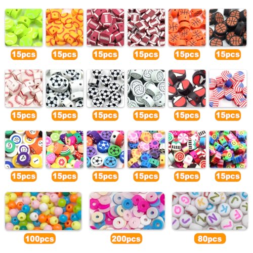 650pcs Sports Polymer Clay Beads Bracelet Making Kit, Gold Beads Clay Bead Charms, Baseball Football Basketball Soccer Volleyball, Clay Bead Charms for Jewelry Making, Necklace, Earring - color: Sports balls
