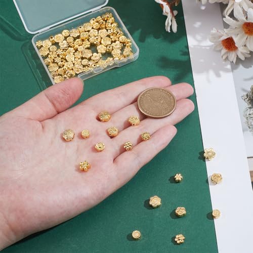 PH PandaHall 100Pcs 10 Styles Metal Flower Beads Golden Spacer Beads Floral Loose Charm Bead Blossom Flower Flat Round Loose Bead Spacers for Bracelet Jewelry Making, 5.5~8mm