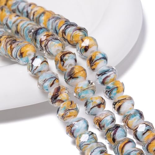 7.5×10mm 50pcs Yellow Blue Black Stripe Faceted Lampwork Glass Beads for Jewelry Making, Flat Round Handmade Murano Beads for Bracelets, Crafts, Friendship Bracelet Kit, Rosary Making - color: Yellow Blue Black Stripe