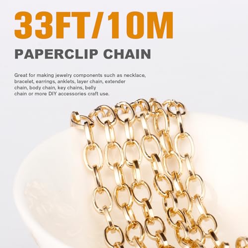 33FT Gold Paperclip Chains Roll, 5mm Aluminum Cable Link Chain Spool Bulk for DIY Crafts Jewelry Making - color: gold, size: 5MM