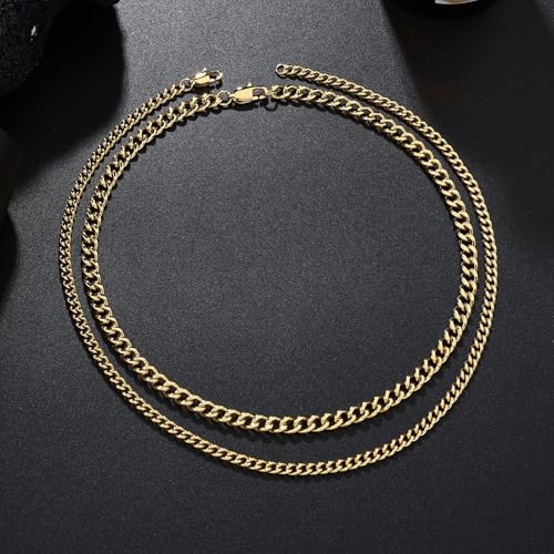 2PCS Cuban Link Chain Set for Men - Gold/Silver Plated Stainless Steel Layered Chain Necklace Non-Tarnish Jewelry Gift 16"/18", 18"/20", 20"/22", 22"/24" - color: Gold Chain, size: 16inch+18inch