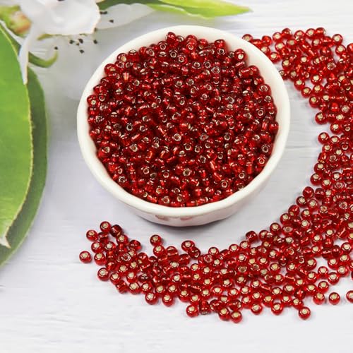 Transparent Red with Silver Lined Beads Size 6/0 Crafts Glass Seed Beads 4mm for Jewelry Making (Total About 100g About 1200pcs) - color: Transparent Red with Silver Lined, size: 4mm