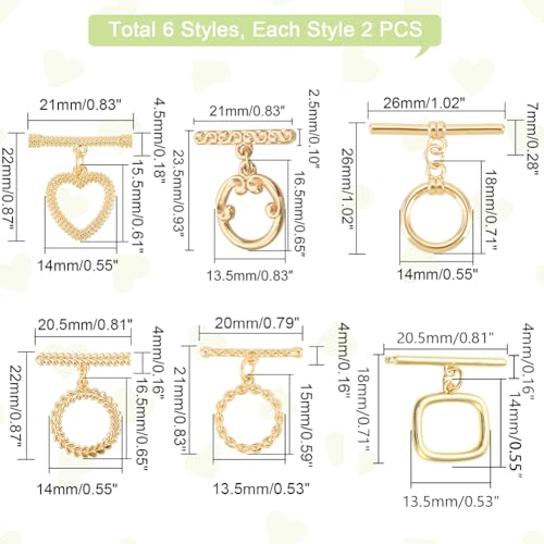 PH PandaHall 18K Toggle Clasps, 6 Styles T-Bar Closure Clasp 12 Sets Jewelry Clasps Flower Ring Leaf IQ Brass Bracelet Clasp for Necklace Making - color: 6 Styles