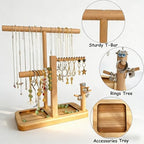 Solid Wood Jewelry Tower Organizer - 3-Tier Tree Holder Stand with 11 Earring Holes, 2 T-bar for bracelets Necklace or watches, Ring Tree & Display Tray (natural wood) - color: natural wood